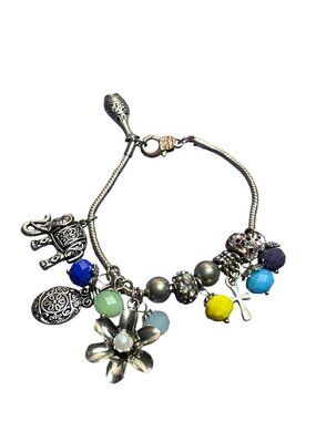 Silvertone Slider Charm Bracelet Glass Beads Rhinestone Cross Elephant Flower